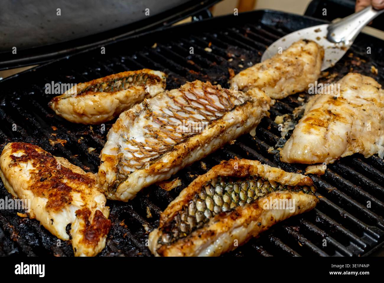 Filetti di pesce appena grigliati cucinati su un barbecue nero con il coperchio aperto Foto Stock