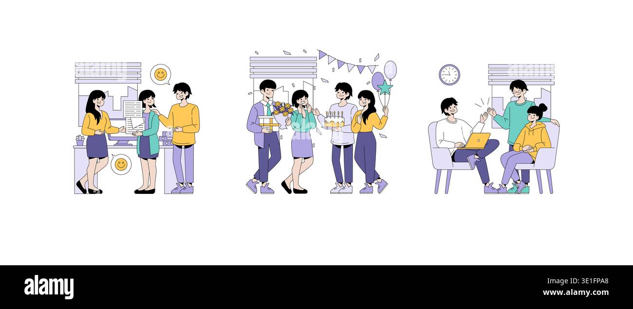 Illustrazione vettoriale che raffigura un team di un ufficio che festeggia un compleanno con torta e regali. Include scene di collaborazione e interazione amichevole, mostrando il lavoro di squadra e la gioia in un ambiente di lavoro. Illustrazione Vettoriale