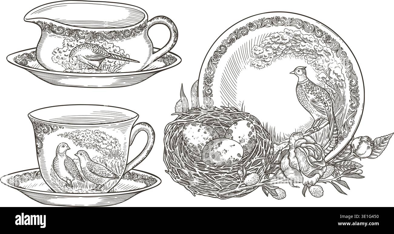Stoviglie in porcellana vintage con graziose illustrazioni di fagiani. Il vettore realistico disegnato a mano delinea la grafica con nido e uovo. Perfetto per il design delle carte o per la tavola e per l'arte nostalgica. Illustrazione Vettoriale