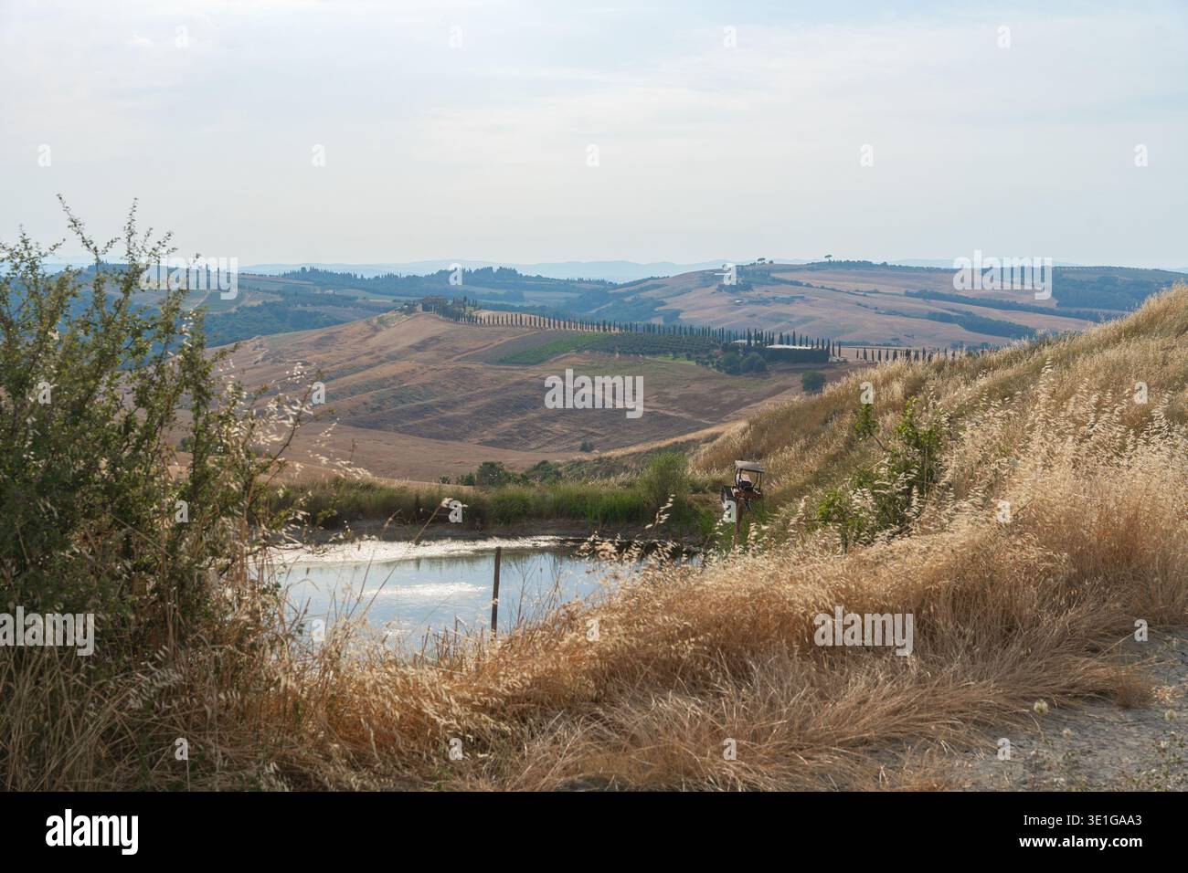 Piccolo lago circondato da colline e vegetazione arida. Fonte d'acqua naturale, paesaggio estivo e ambiente rurale Foto Stock