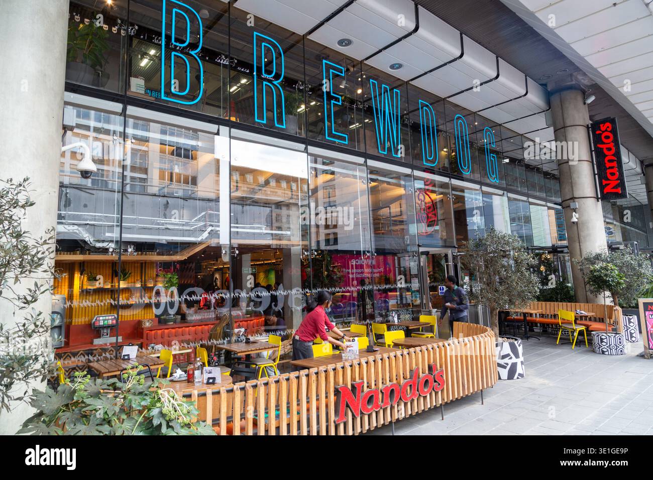 Il BrewDog Pub e il ristorante Nando's si trovano all'interno dei binari della stazione Waterloo di Londra Foto Stock
