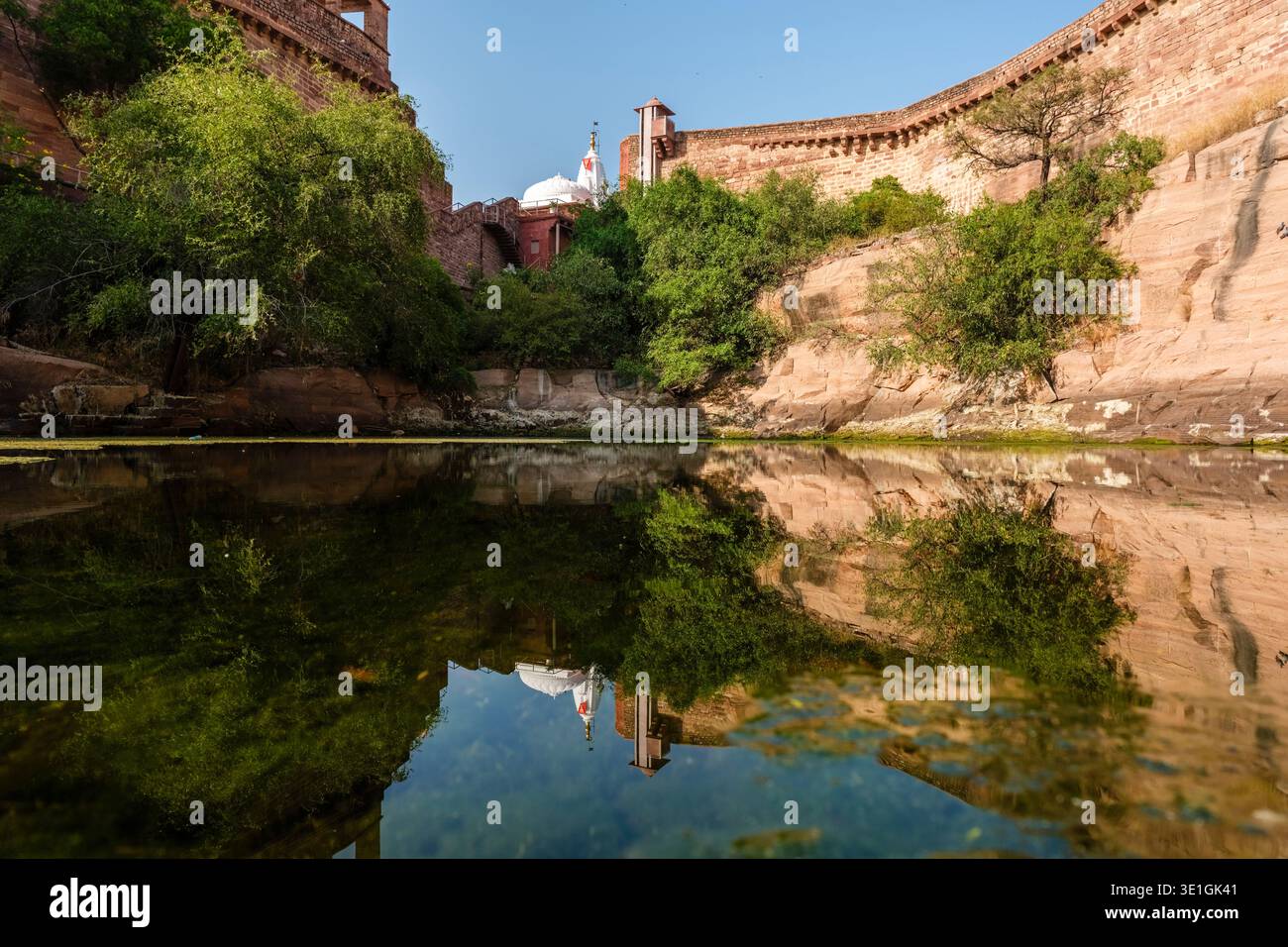 Il bianco tempio Chamunda Mataji a Jodhpur si specchia nell'acqua verde di un bacino di pietra circondato dalle massicce mura del forte Mehrangarh. Foto Stock