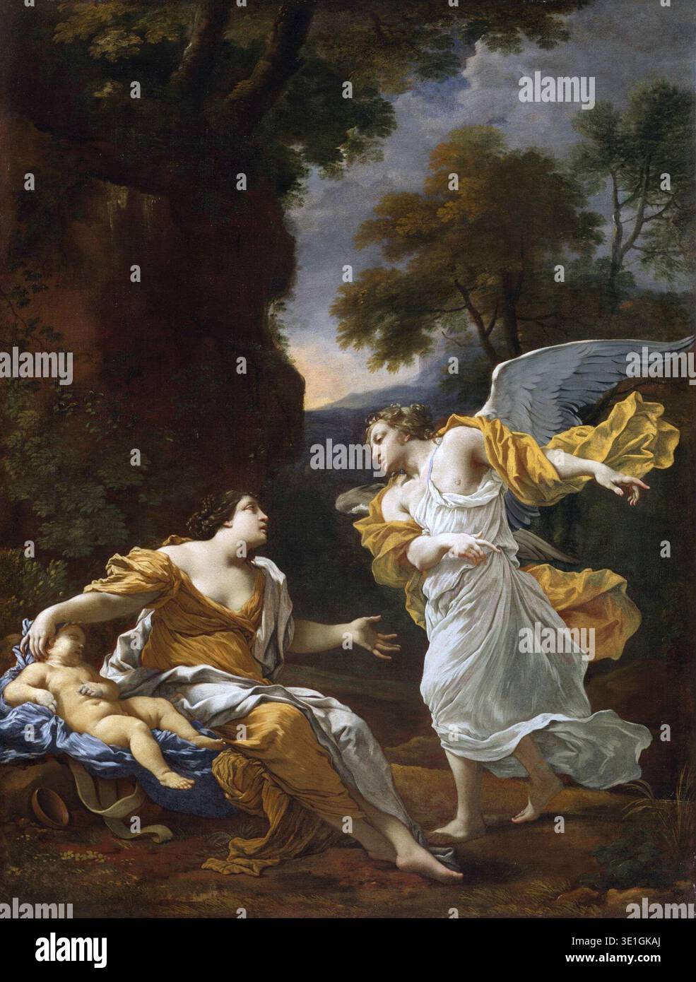 Questo dipinto ad olio del XVII secolo di Michel Dorigny raffigura la scena biblica di Agar e l'Angelo. Hagar, seduto con suo figlio Ishmael, guarda un angelo gestante in mezzo a un paesaggio naturale drammatico, che mostra lo stile barocco dell'artista. Foto Stock