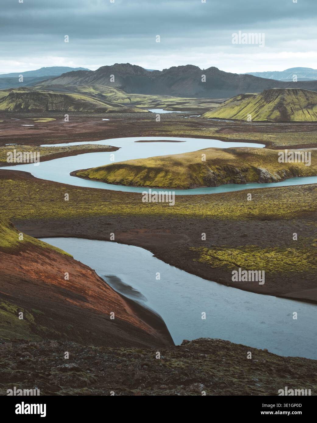 Vista di un fiume tortuoso che si intaglia attraverso un paesaggio vibrante coperto di muschio sotto un cielo umido, contrastando i toni terrosi con l'acqua fresca, Skaftár Foto Stock
