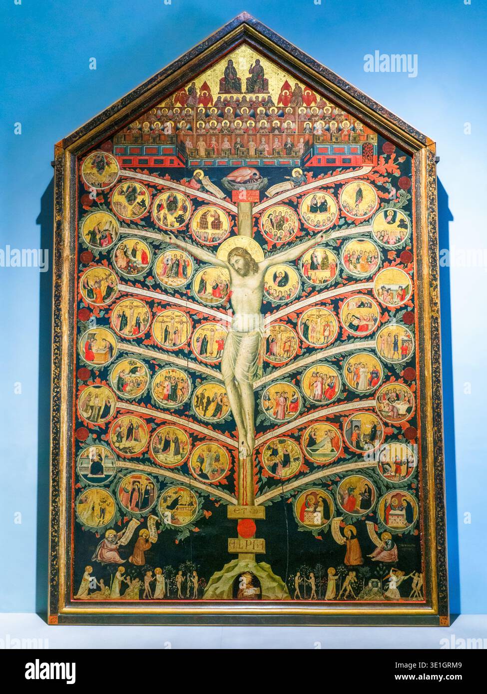 Albero della vita c. 1310-1315 di Pacino di Buonaguida (attivo c. 1303 - circa 1347) Panel il soggetto si ispira alla composizione poetica intitolata "Lignum Vitae" (l'albero della vita) scritta da Bonaventura da Bagnoregio, un santo dell'ordine francescano. Si riferisce al versetto dell'Apocalisse (22, 2) che afferma che l'albero della vita produce dodici raccolti all'anno e fornisce all'uomo i doni di Dio Foto Stock