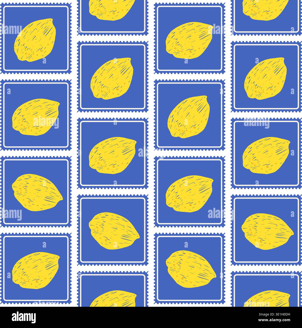 Motivo al limone senza cuciture con cornice blu per francobolli per la stampa estiva. Frutta italiana e motivi floreali in un motivo senza cuciture di piastrelle con francobolli Illustrazione Vettoriale