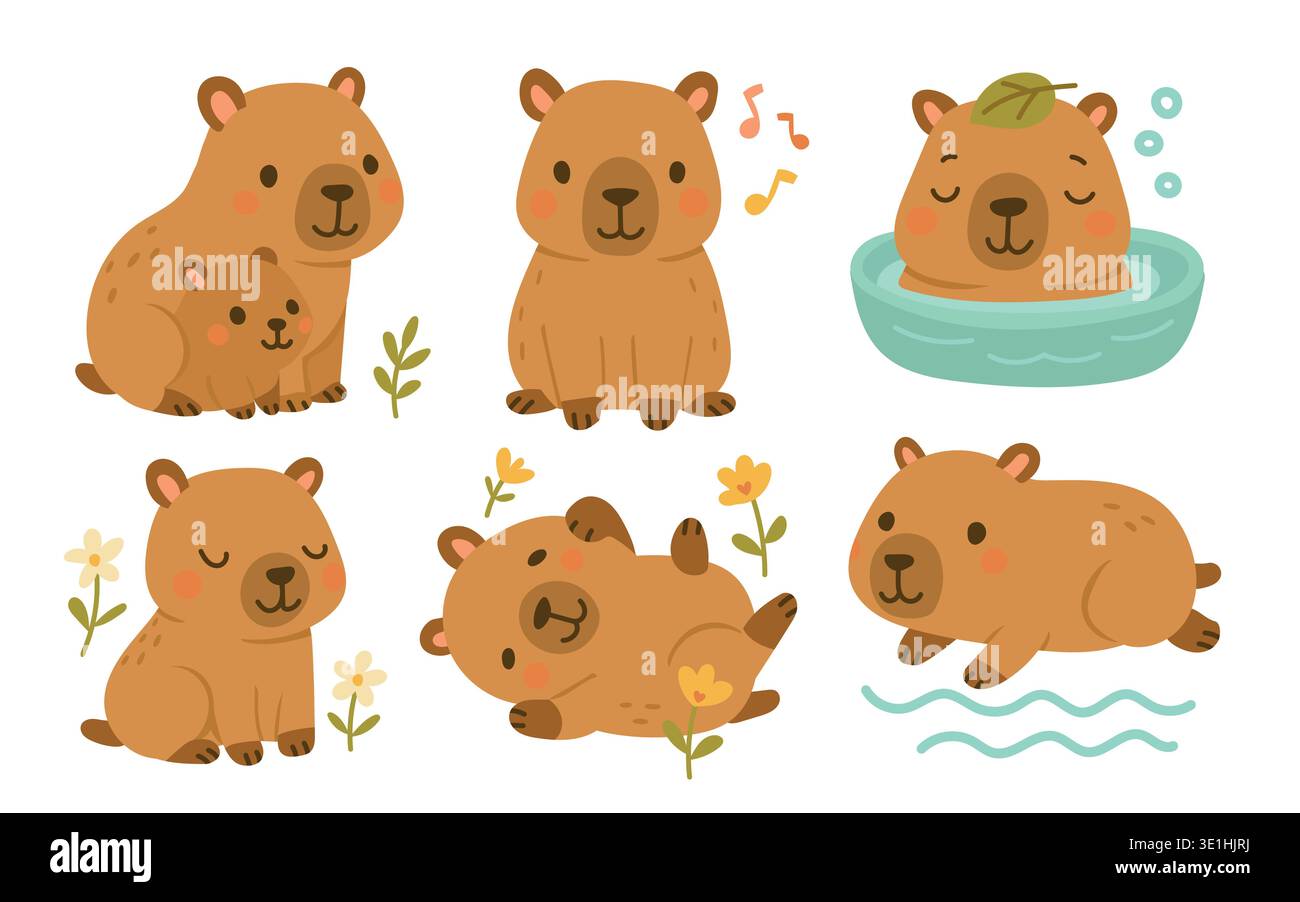 Capybara vettoriale estate e capibara grazioso fiore con cappello animale di san valentino. Vignetta di kawaii piatta e di frutta di uccello con scogliera da spiaggia. Cibo Illustrazione Vettoriale