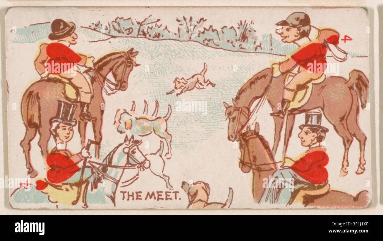 Carta commerciale intitolata Four of Hearts - The Meet from the Harlequin Cards, 2nd Series (N220) rilasciata dalla Kinney Brothers Tobacco Company nel 1889, raffigurante un raduno di caccia alla volpe con cavalieri, cavalli e cani. Foto Stock