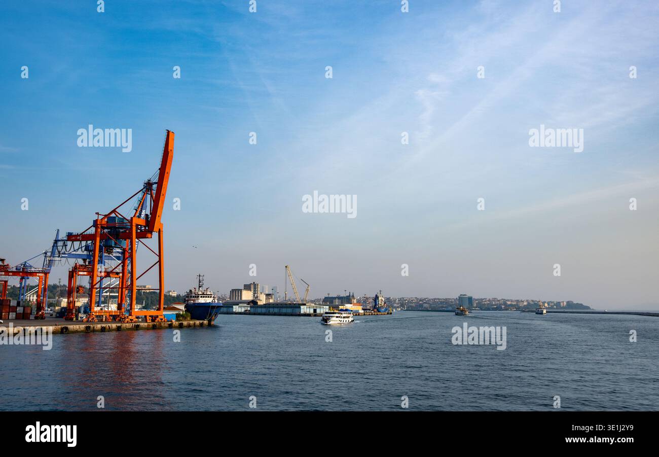 Impianto portuale industriale con grandi gru container arancioni lungo il lungomare con navi da carico e navi nel porto. Cielo blu chiaro Foto Stock