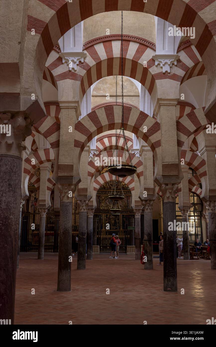 Archi e colonne in uno spazioso interno dai colori rosso e bianco dominanti, la moschea cattedrale di Cordova (Mezquita-Catedral), Cordova, Andalusia, S. Foto Stock