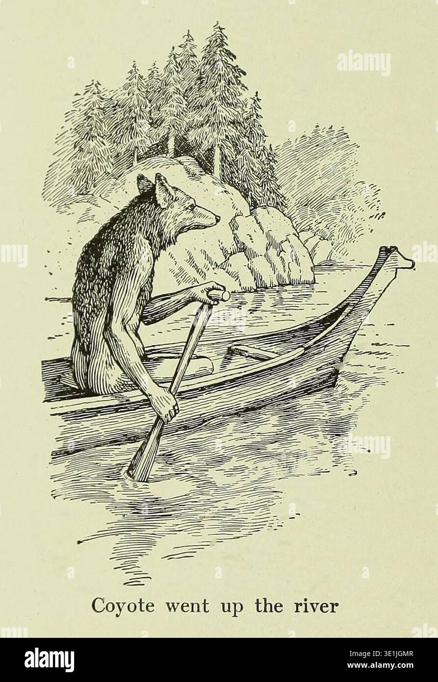 F. N. Wilson (attivo all'inizio del XX secolo) è stato un illustratore per pubblicazioni etnografiche e per bambini americane. La stampa fotografica storica documenta che Coyote risalì il fiume, illustrando le leggende dei nativi americani nella pubblicazione Indian Days of the Long ago del 1914. Foto Stock