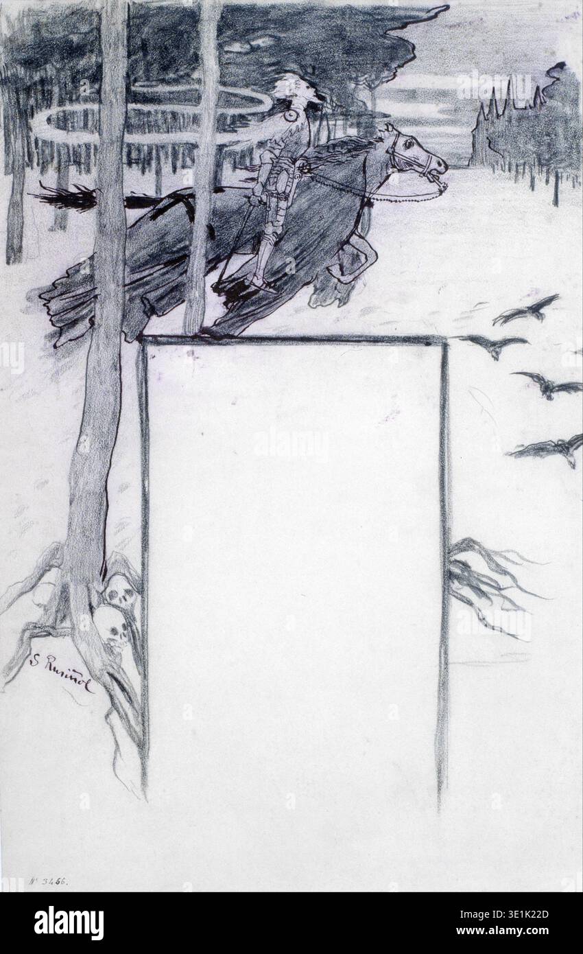 Questa accattivante matita, disegnata tra la fine del XIX e l'inizio del XX secolo, intitolata "Fantasy" di Santiago Rusiñol, mostra un cavaliere al galoppo a cavallo attraverso una foresta mistica con uno spazio vuoto progettato per il testo. L'opera presenta elementi simbolici e uno stile oscuro e fantasioso, evocativo di leggende medievali. Foto Stock