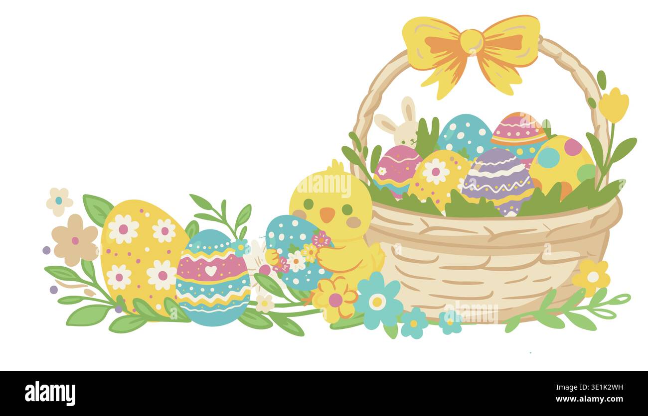 Grazioso cestino pasquale con pulcino giallo, uova decorate e fiori Illustrazione Vettoriale