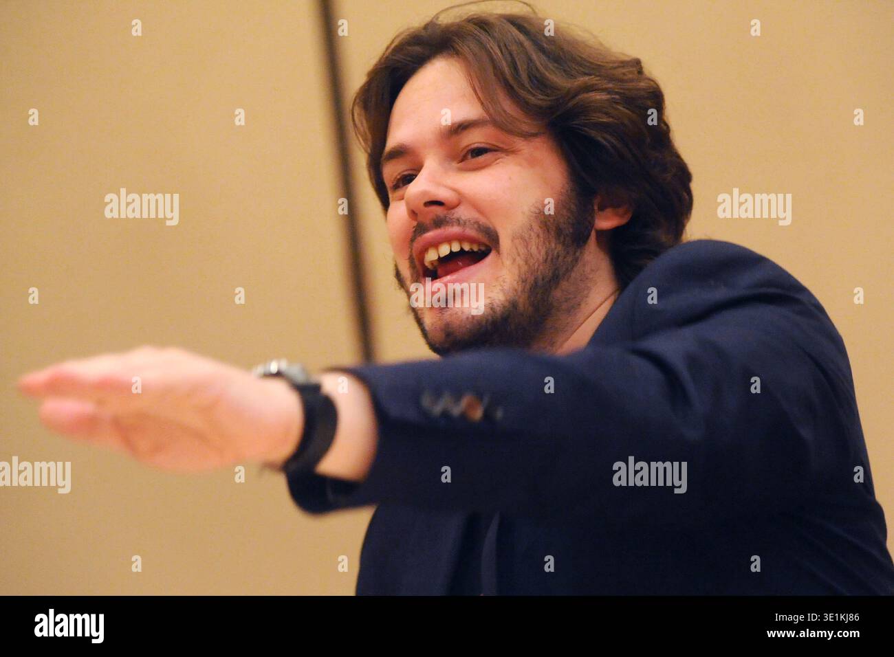 Il regista inglese Edgar Wright durante un'intervista, Austin, Texas, 13 agosto 2010. (Foto di John Anderson/The Austin Chronicle) Foto Stock