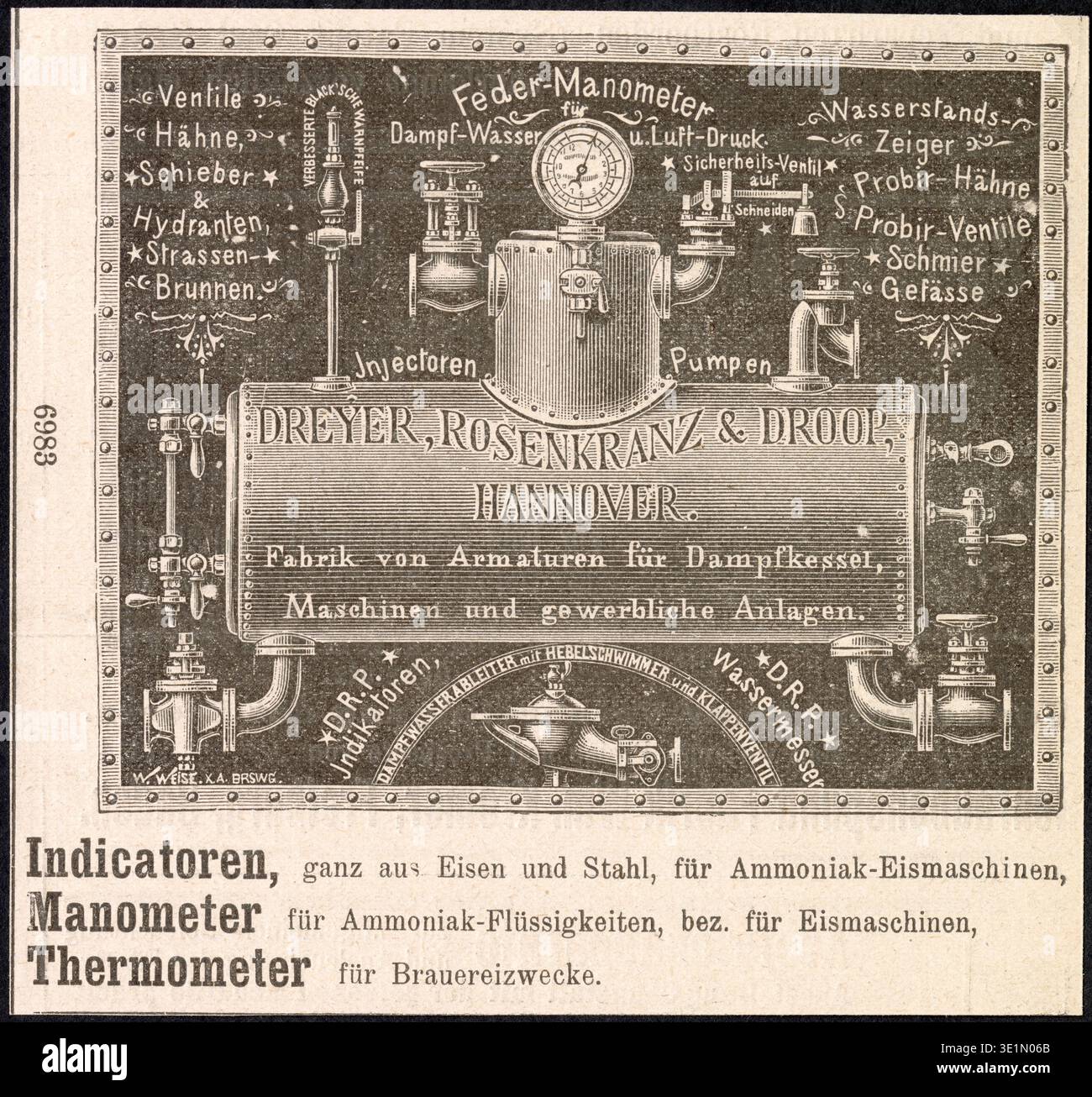 La stampa pubblicitaria (circa 1895-1903) di W. Weise per Dreyer, Rosenkranz & Droop, Hannover, illustra gli accessori tecnici per caldaie a vapore e macchinari. La stampa fotografica storica documenta la pubblicità commerciale xilografica per lo studio d'archivio. Foto Stock