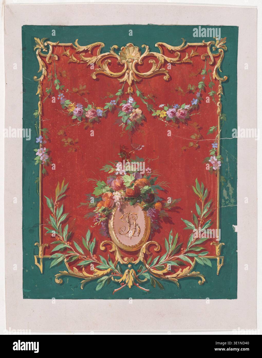 Illustrazione storica di un pannello decorativo o di un design di carta da parati caratterizzato da una cornice decorata con motivo a conchiglia, ghirlande floreali, grappoli di frutta e un cartiglio ovale monogrammato. Anonimo designer francese, circa 1870-1900. Foto Stock