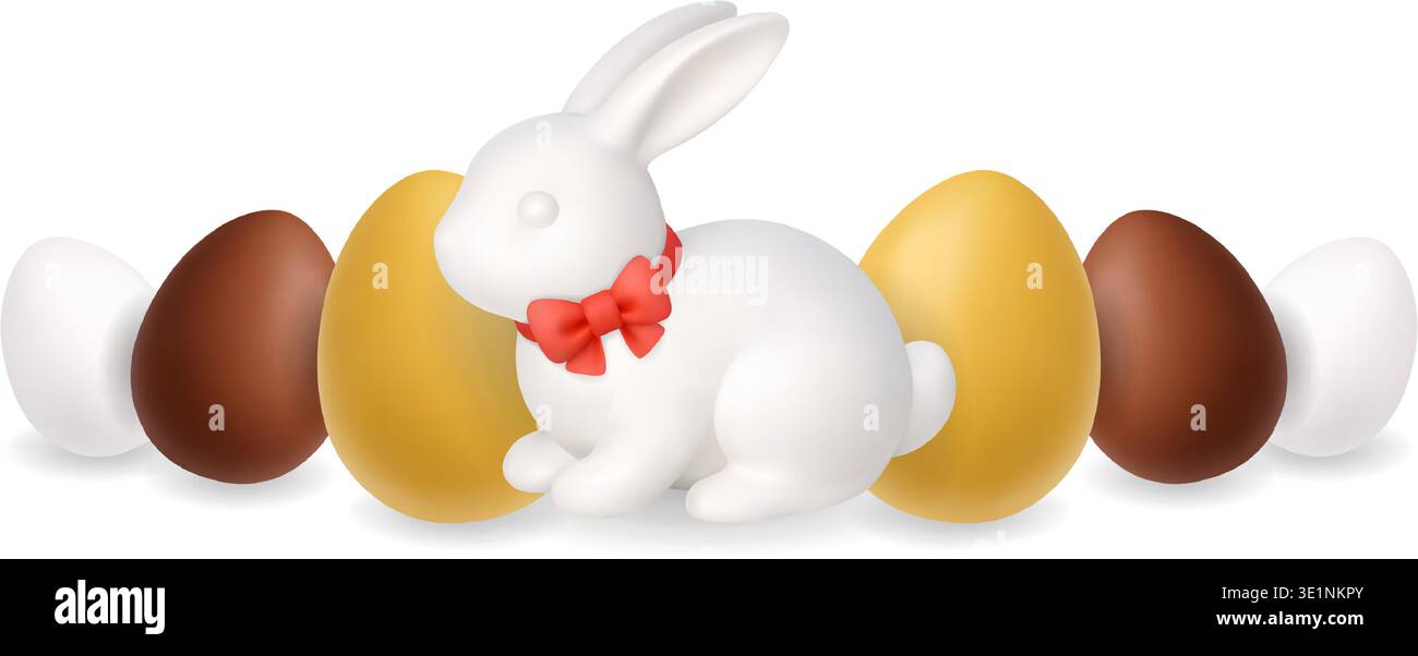 Coniglio pasquale bianco con papillon rosso e uova colorate. Illustrazione 3D per le feste primaverili Illustrazione Vettoriale
