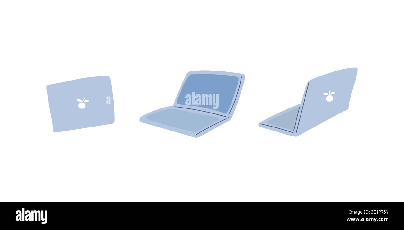 Computer portatili e tablet con divertente logo Apple con foglie. Illustrazione vettoriale Doodle. Stile di vita digitale, lavoro da remoto, apprendimento online. Illustrazione Vettoriale
