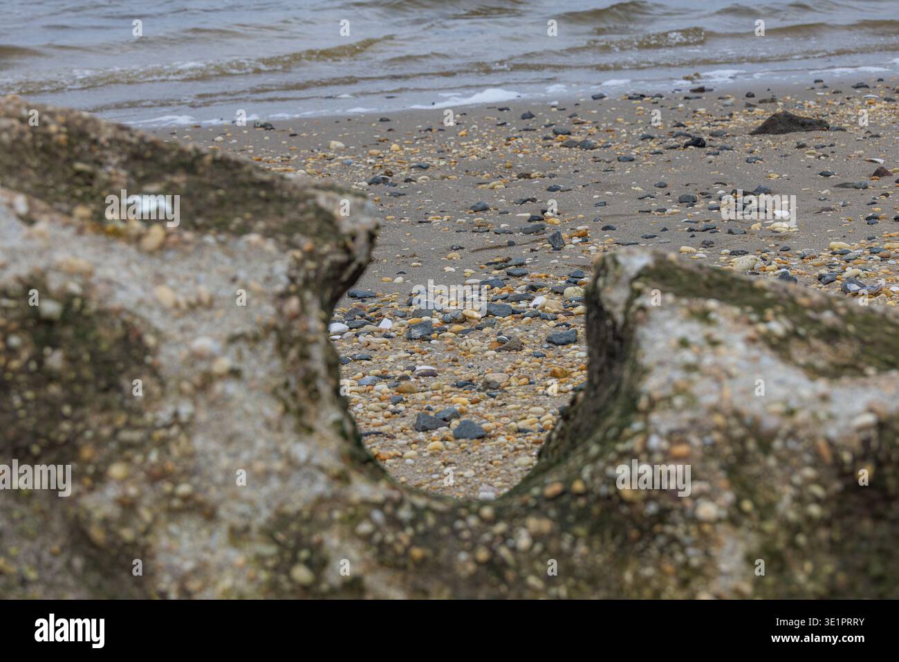 Una prospettiva creativa a basso angolo che guarda attraverso un vuoto naturale in una struttura militare in cemento intempestivo a Sandy Hook, New Jersey Foto Stock