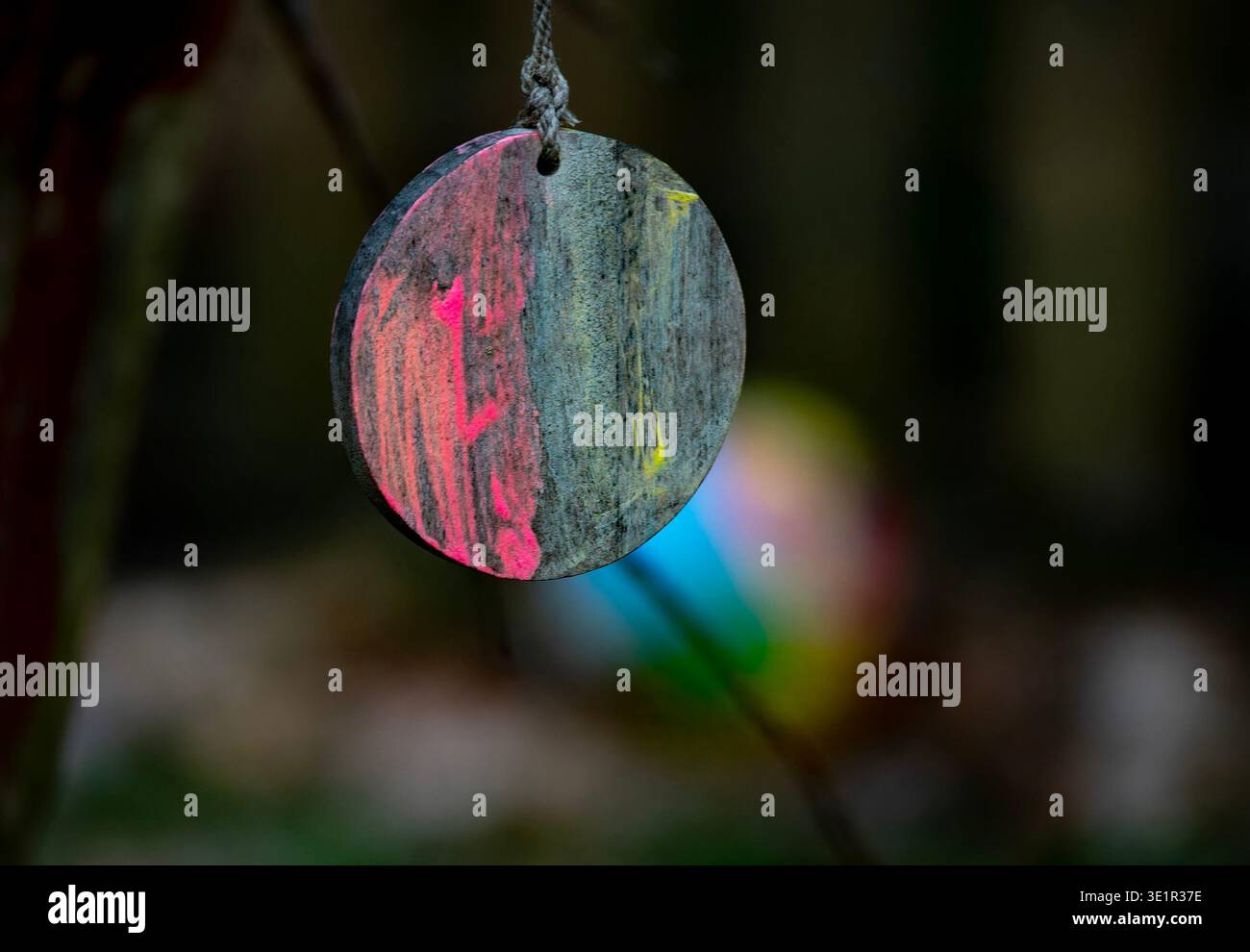 Una lampada a sospensione colorata appesa in giardino Foto Stock
