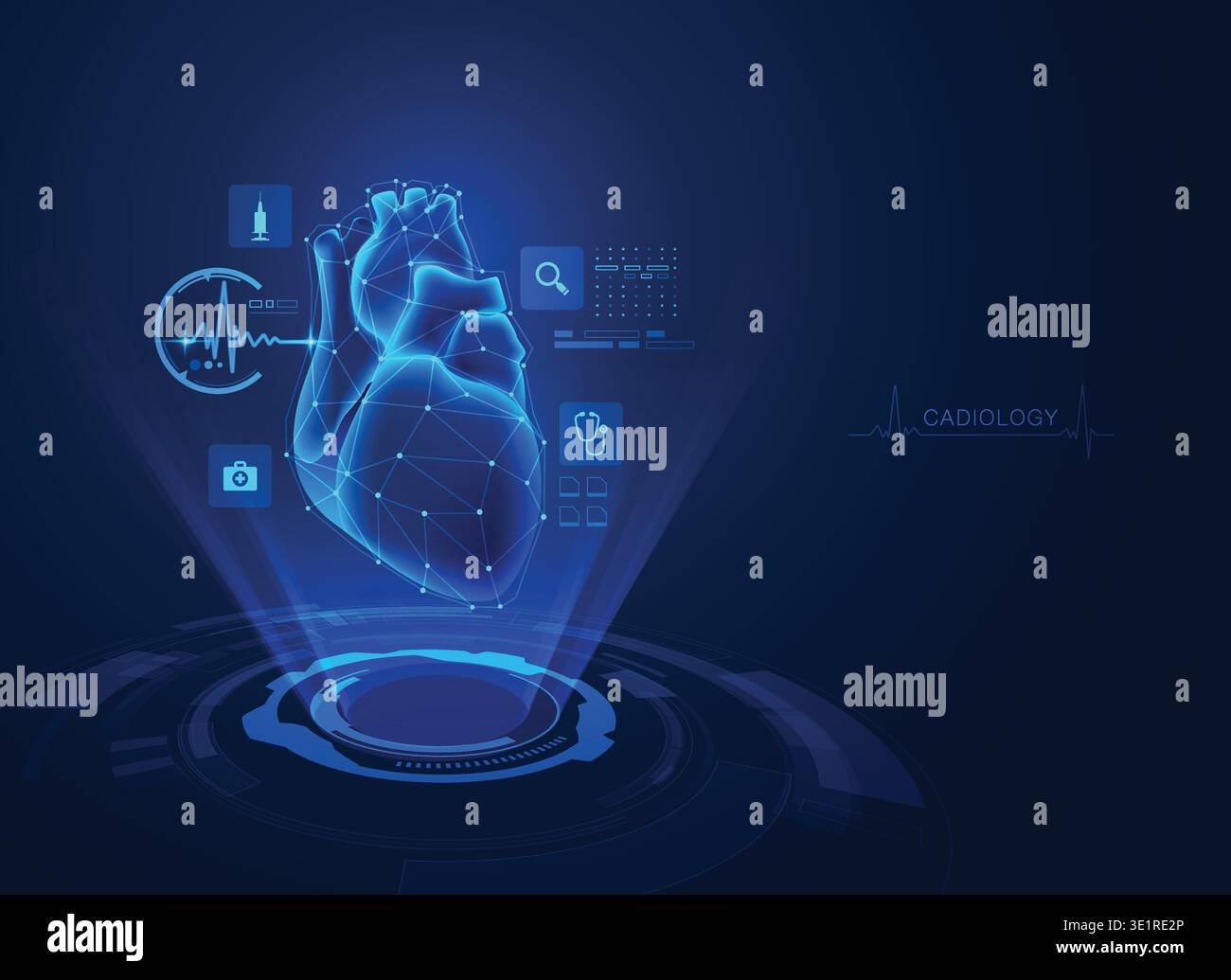 concetto di tecnologia cardiologica, cuore realistico con ologramma medico-sanitario Illustrazione Vettoriale