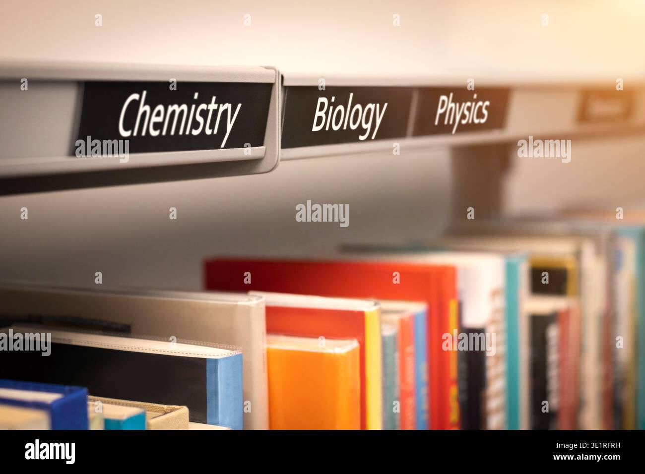 Libri di testo per scuole di chimica, biologia e fisica disponibili in categorie di argomenti del curriculum. Biblioteca di saggistica di libri di riferimento fattuali. Foto Stock