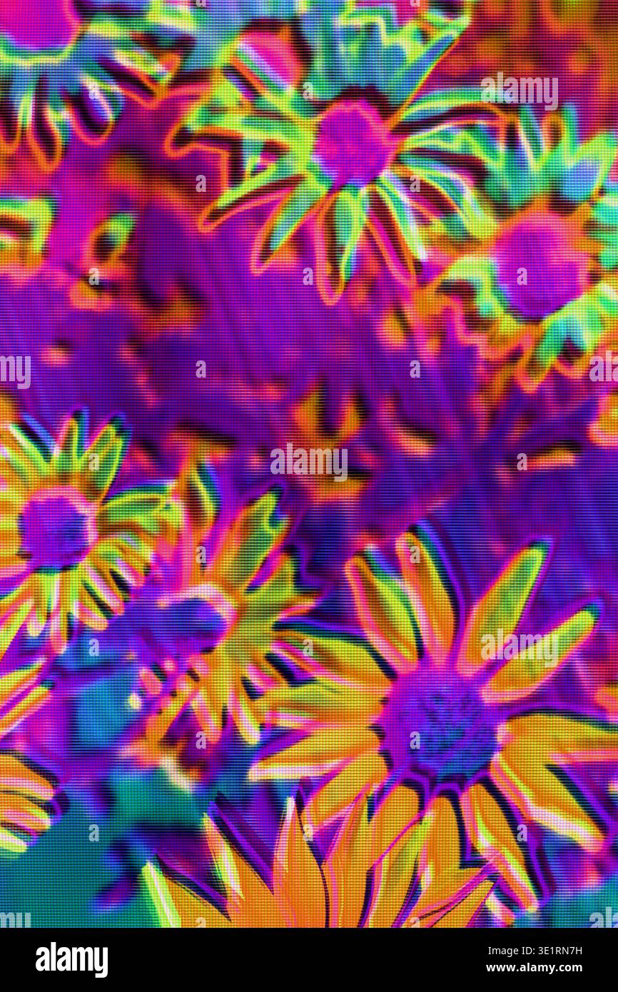 Glitch Flower Pattern con RGB Split (Divisione RGB) e Scanline artefatti Foto Stock