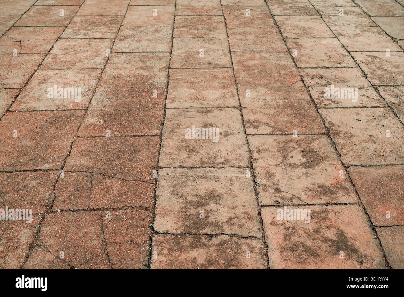 Consistenza di grandi lastre di cemento intemprate disposte in un perfetto motivo a griglia quadrata, messa a fuoco selettiva Foto Stock