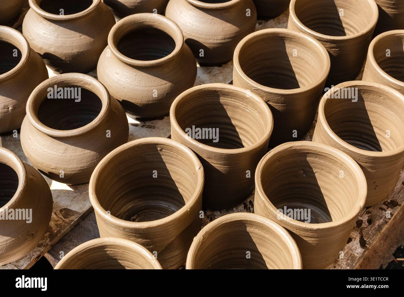 Una collezione di vasi di argilla appena lanciati e vasi di varie forme si trova al sole per asciugare in un tradizionale laboratorio di ceramica situato a Udaipur. Foto Stock