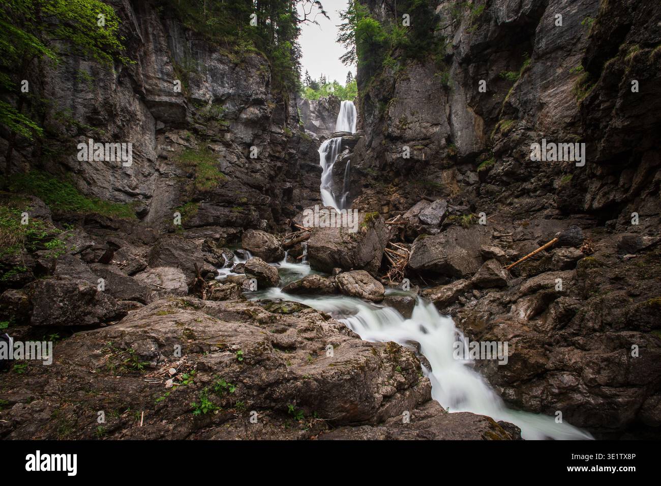Der Aubachfall ist ein Naturdenkmal im Lammertal ad Abtenau. Der Aubach fließt dabei zwischen Egelseehörndl und Einberg über eine Geländekante über Fünf Kaskaden, bevor er 200 Meter danach in Die Lammer Mündet. 17.05.2020. // la cascata di Aubach è un monumento naturale nella valle di Lammertal vicino ad Abtenau. Il torrente Aubach scorre tra Egelseehörndl e Einberg su una cresta, scendendo cinque livelli prima di sfociare nel fiume Lammer 200 metri a valle. 17 maggio 2020. - 20200517_PD8981 Foto Stock