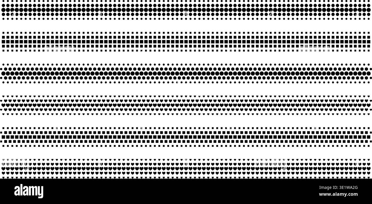 Strisce divisorie mezzitoni con punti, quadrati e cuori. I motivi sfumati creano bordi in stile comico con texture creative ed elementi di design moderni. Illustrazione Vettoriale