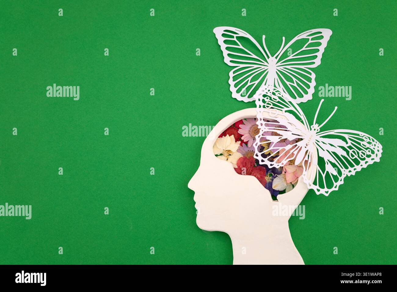 Silhouette della testa umana con fiori e farfalle che trovano pace mentale Foto Stock