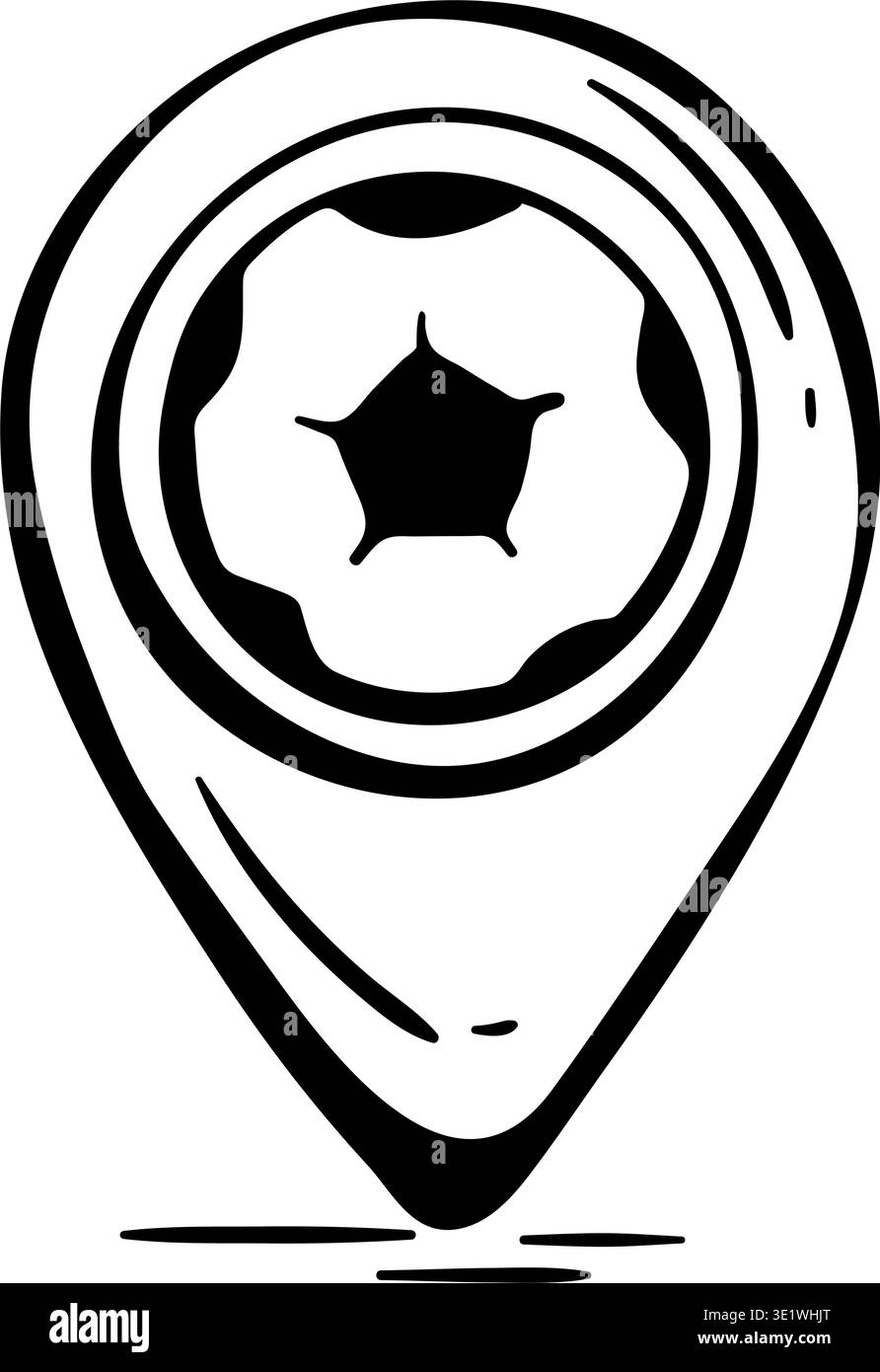Icona puntatore mappa con pallina da calcio. Spilla di posizionamento dello stadio di calcio per gli appassionati di sport e navigazione delle partite. Doodle Vector disegnato a mano. Illustrazione Vettoriale