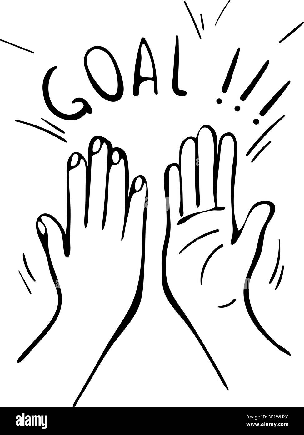 Icona con cinque mani alte con testo obiettivo. I tifosi di calcio celebrano la vittoria e i punteggi durante la partita di calcio. Doodle Vector disegnato a mano. Illustrazione Vettoriale