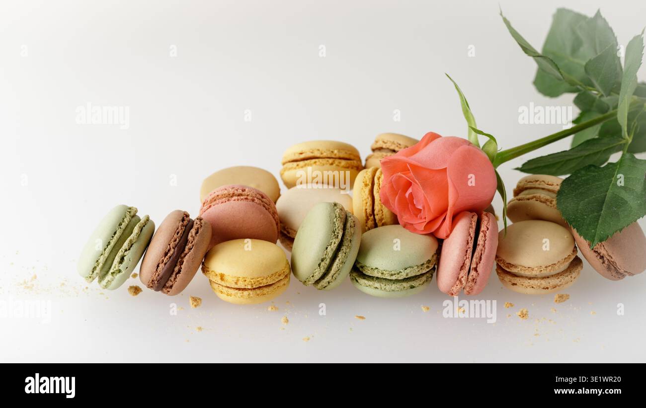 Biglietto d'auguri con rosa corallina e dolci macaron su sfondo neutro per un ulteriore design o testo Foto Stock