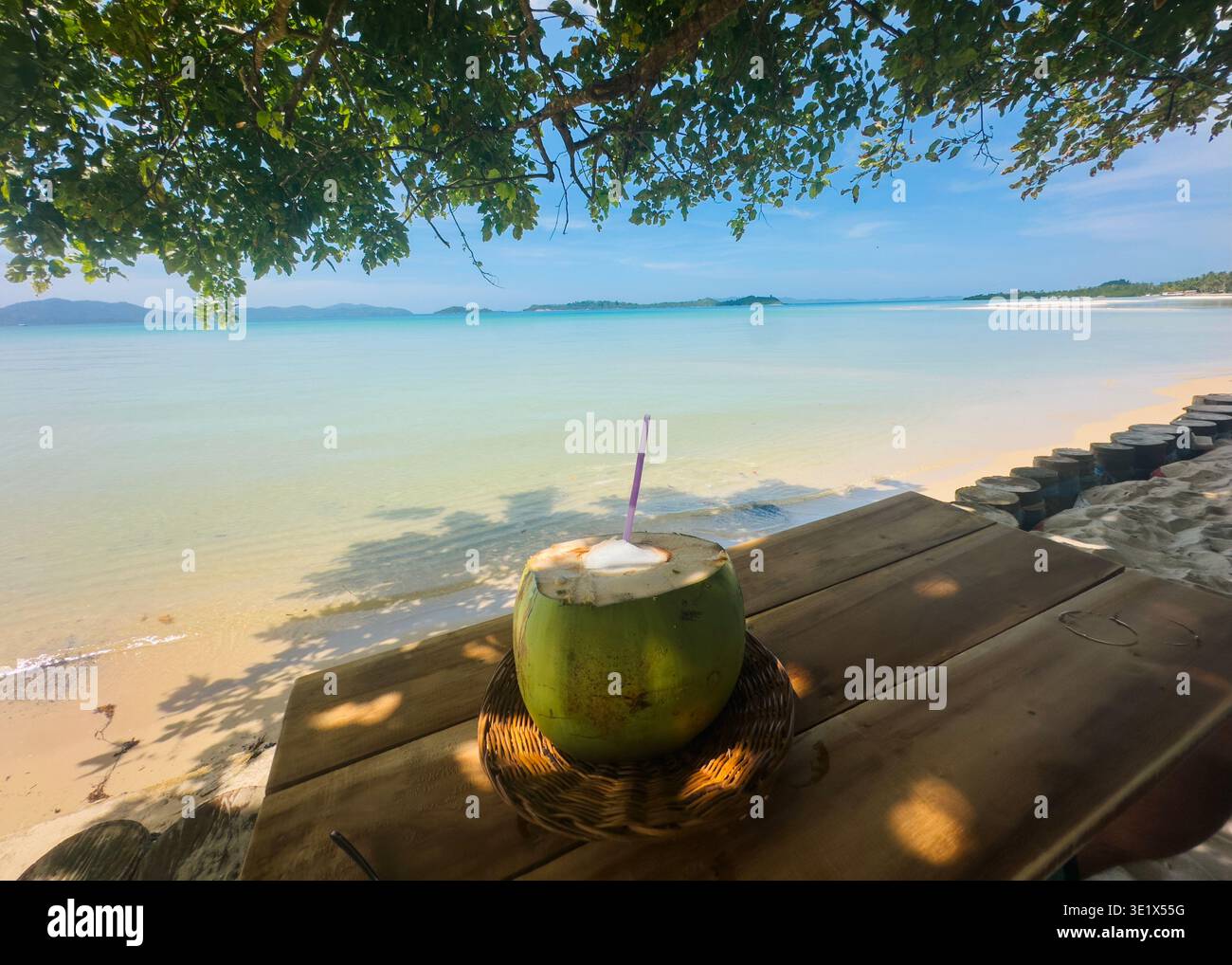 Bevanda fresca di cocco su un tavolo di legno che si affaccia sulla spiaggia di Pamuayan, Port Barton, Palawan, Filippine, con mare calmo e ambiente tropicale ombreggiato. Foto Stock