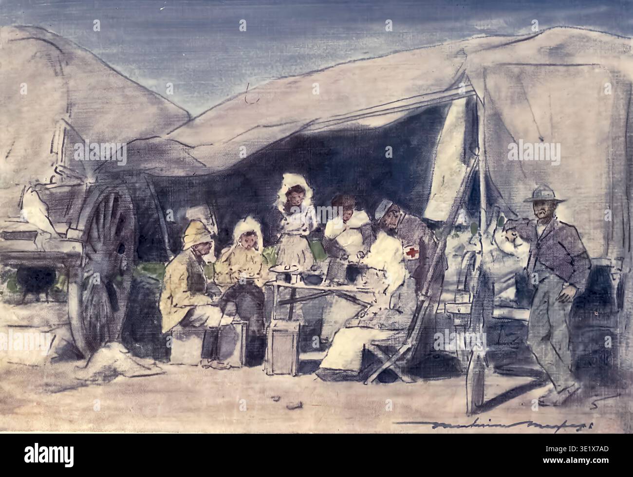 Boer Croce Rossa infermieri - personale medico che si occupa di un soldato ferito e altre persone in un campo di guerra, fornendo cure essenziali in mezzo alle sfide del conflitto e dello sforzo umanitario. Impressioni di guerra, essendo un record a colori dipinto da Mortimer Menpes, 1855-1938; pubblicato nel 1903 Foto Stock