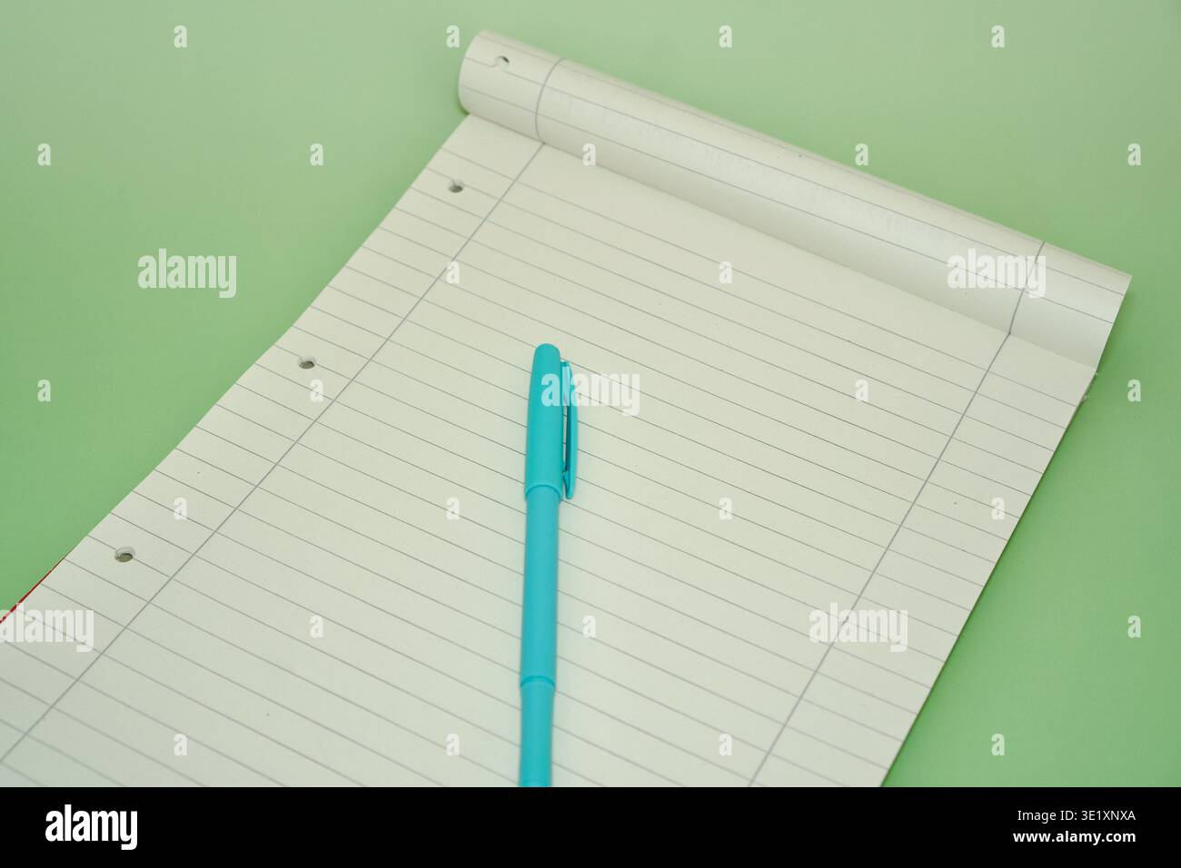 Vista dall'alto di un quaderno aperto rivestito di bianco con una penna verde acqua o ciano. Concetto minimalista di spazio di lavoro su sfondo verde chiaro. Modello pulito per l'istruzione, la pianificazione aziendale, gli elenchi delle cose da fare e la cancelleria dell'ufficio. Blocco note foderato con penna ciano su sfondo verde pastello. Foto di alta qualità Foto Stock