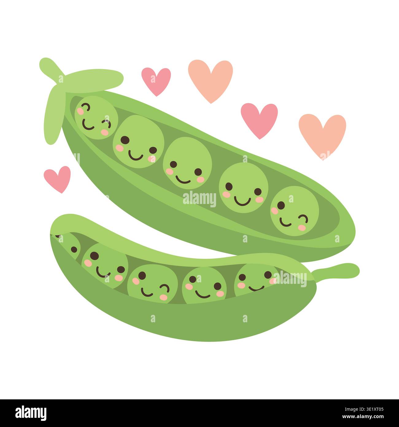Cartoni animati piselli e carino personaggio con emoji mascotte felice. Fagioli verdi di legumi e piselli pianta divertente con piselli vegetali intelligenti. Illustrazione pisello Illustrazione Vettoriale