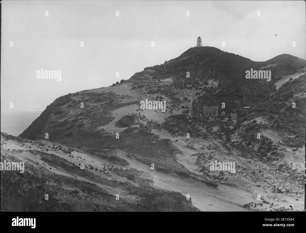 Henry Winkelmann (nato nel 1860) documentò il faro di Cape Maria van Diemen nel 1902, catturando la tranvia, le abitazioni e le caratteristiche costiere circostanti. L'immagine riflette le infrastrutture marittime e il turismo precoce in nuova Zelanda, illustrando il significato del faro nella storia della regione. Foto Stock