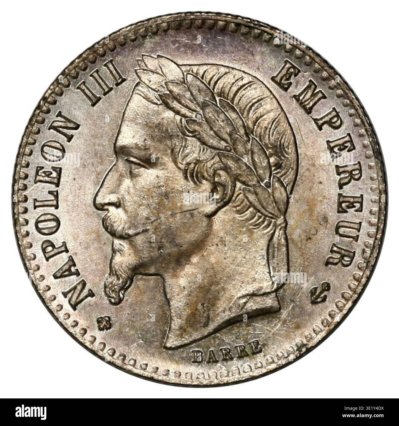 50 centesimi (1865) era una moneta emessa durante il regno dell'imperatore Napoleone III dell'Impero di Francia. La stampa fotografica storica riproduce la moneta per lo studio archivistico e numismatico. Foto Stock
