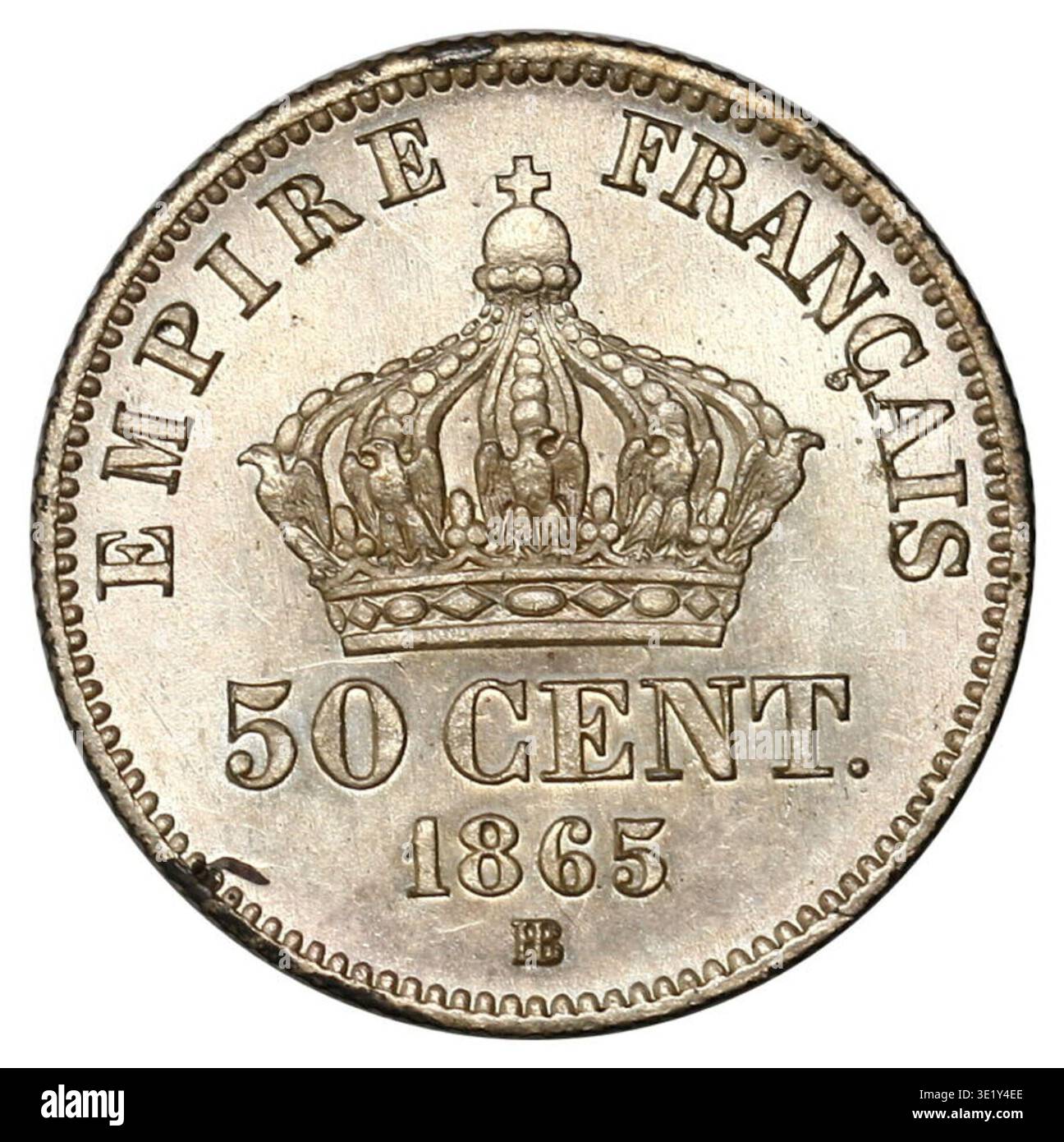 50 centesimi (1865) era una moneta emessa durante il regno dell'imperatore Napoleone III dell'Impero di Francia. La registrazione fotografica d'archivio documenta i disegni inversi e invertiti per lo studio numismatico e il riferimento storico. Foto Stock