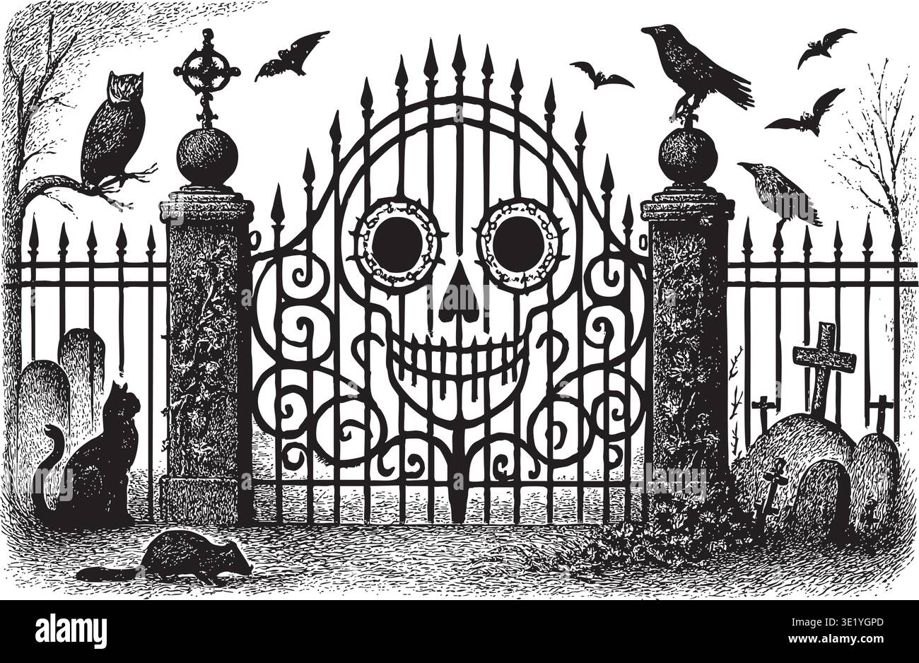 Illustrazione gotica dettagliata adatta per poster, stampe e arredi a tema con un'estetica spettrale. Illustrazione Vettoriale