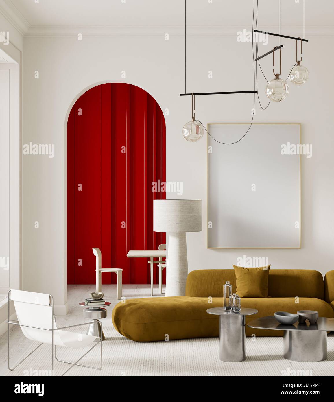 Interni contemporanei e minimalisti con mockup con cornice a poster, divano senape e parete rossa della sala da pranzo. Ambiente pulito e bilanciato, ideale per branding e pubblicità Foto Stock