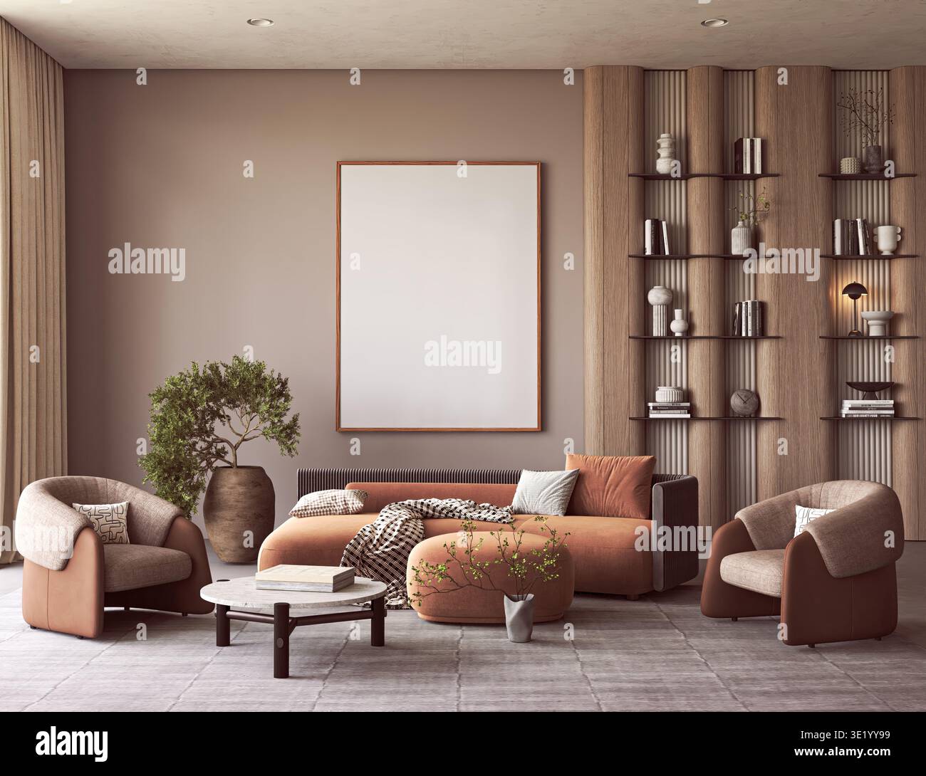 Moderno mockup soggiorno con cornice vuota e mobili in terracotta Foto Stock