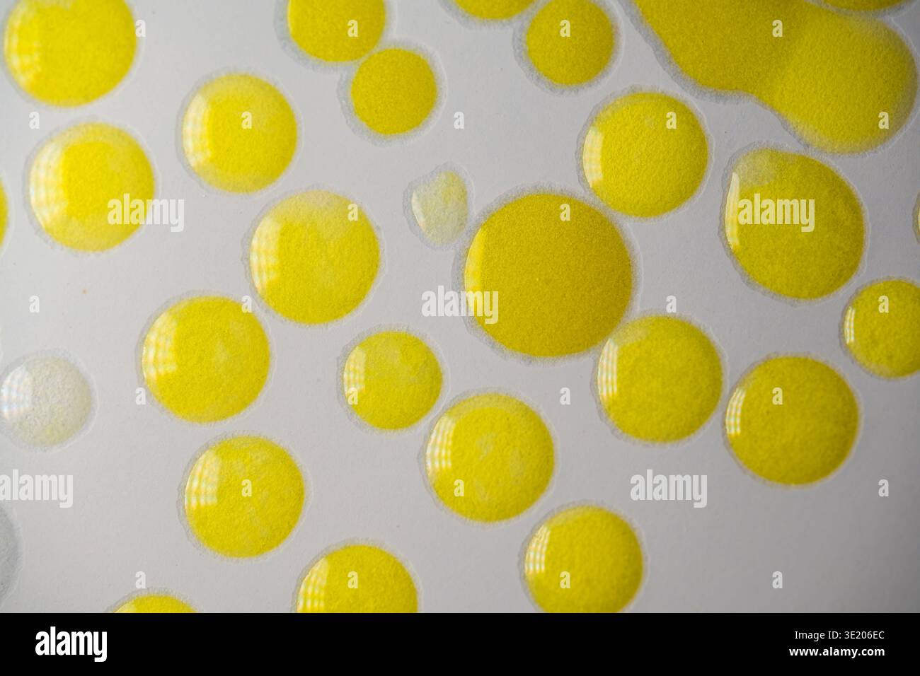 Piccoli cerchi gialli sono distribuiti su una superficie bianca. Le dimensioni dei punti variano e creano uno schema interessante. La luce si riflette su alcune aree, aggiungendo Foto Stock