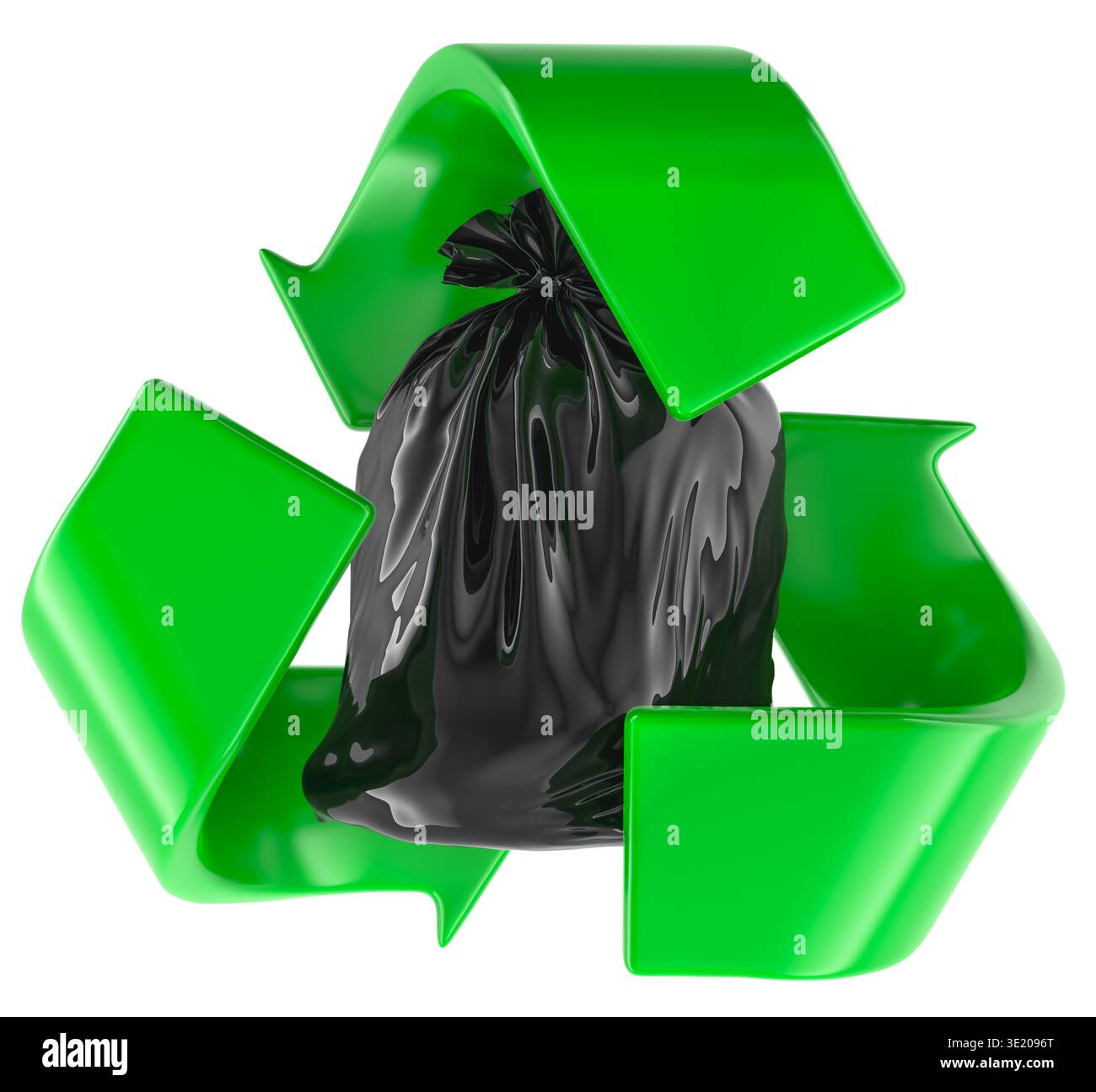 Sacchetto per rifiuti nero all'interno del simbolo di riciclaggio verde. Concetto di smistamento e riciclaggio dei rifiuti, rendering 3d isolato su sfondo bianco Foto Stock