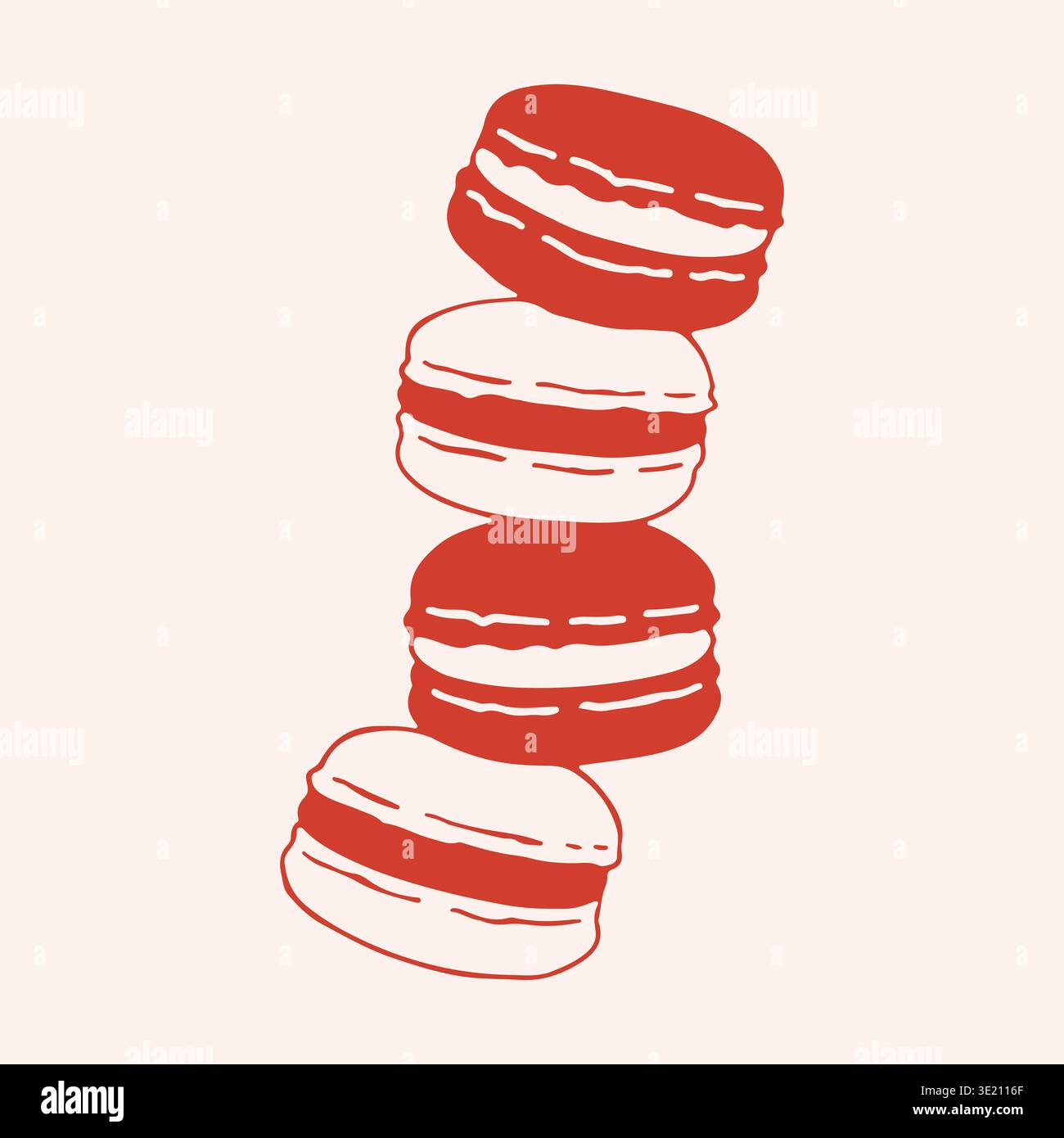 Illustrazione vettoriale disegnata a mano di una pila di quattro macaron. Icona minimalista della linea rossa con i biscotti alla meringa di mandorle francesi per il marchio e la produzione di prodotti da forno Illustrazione Vettoriale