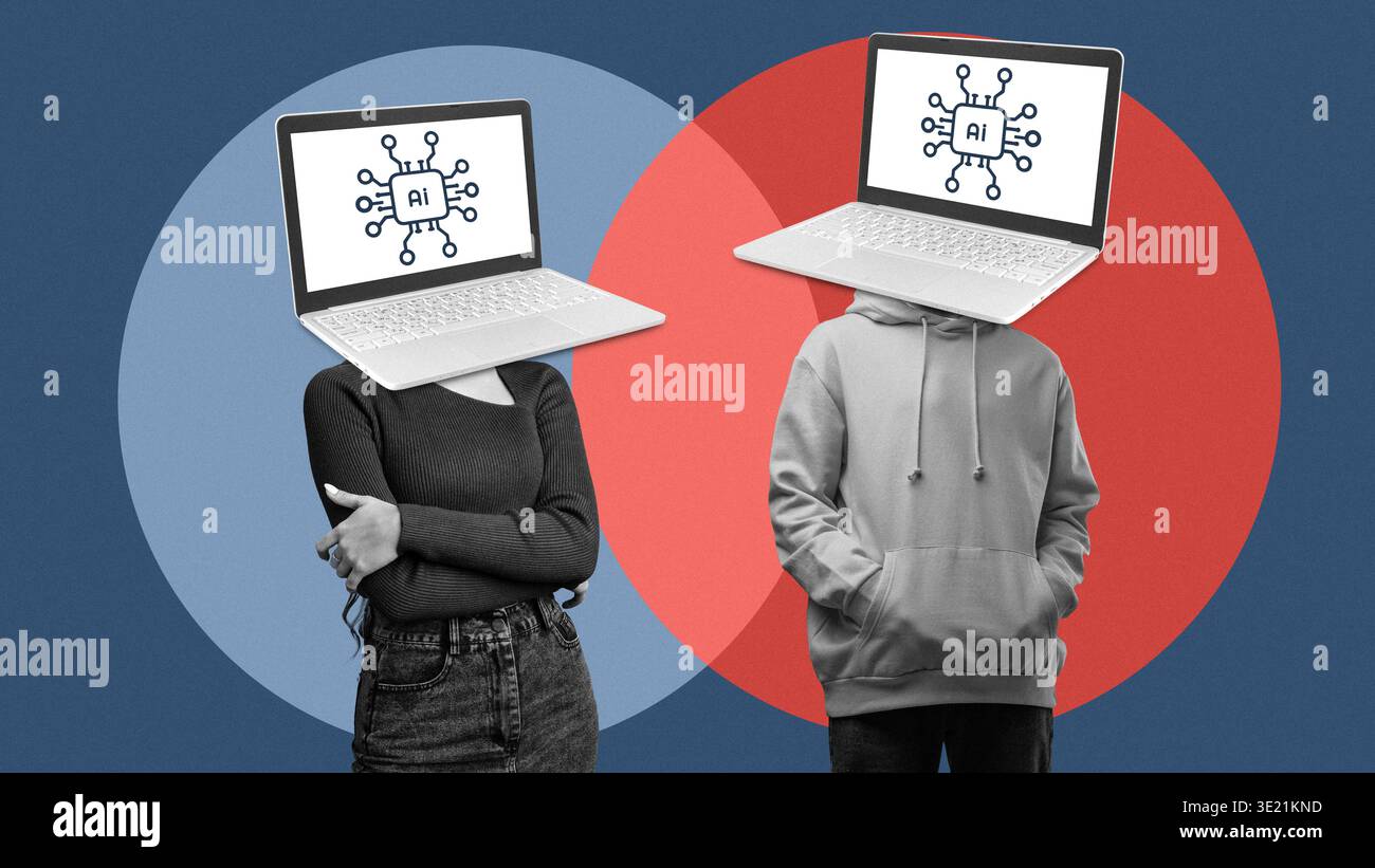 Due persone con notebook per la testa in piedi in un'impostazione di diagramma Venn che discutono argomenti relativi all'intelligenza artificiale Foto Stock