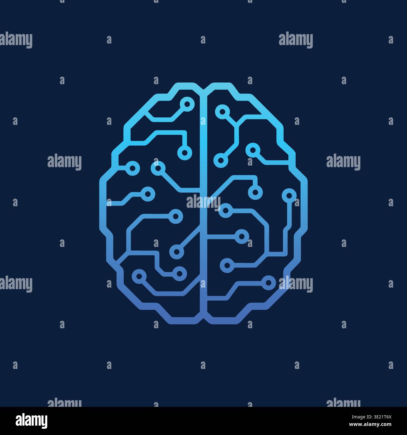 Le linee del circuito formano una forma cerebrale in blu brillante. Il design semplice mette in risalto tecnologia e intelligenza. Lo sfondo scuro enfatizza il tema futuristico. Ideale per Illustrazione Vettoriale